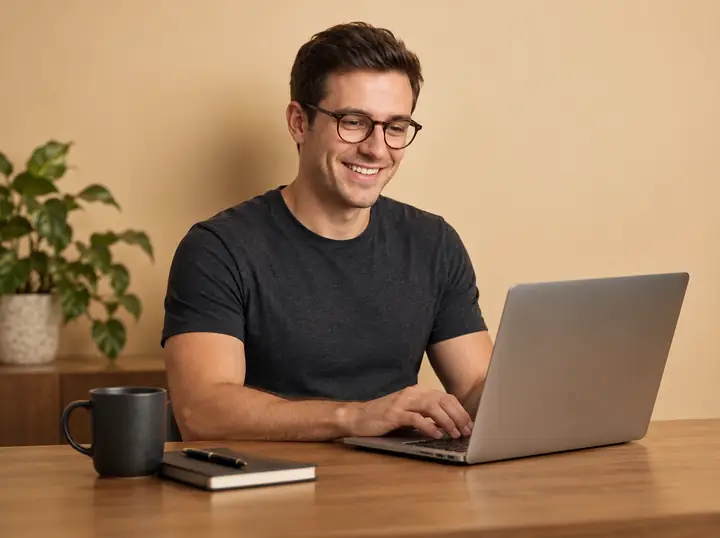 Fachkraft bei der Arbeit am Laptop in einer neutralen Umgebung