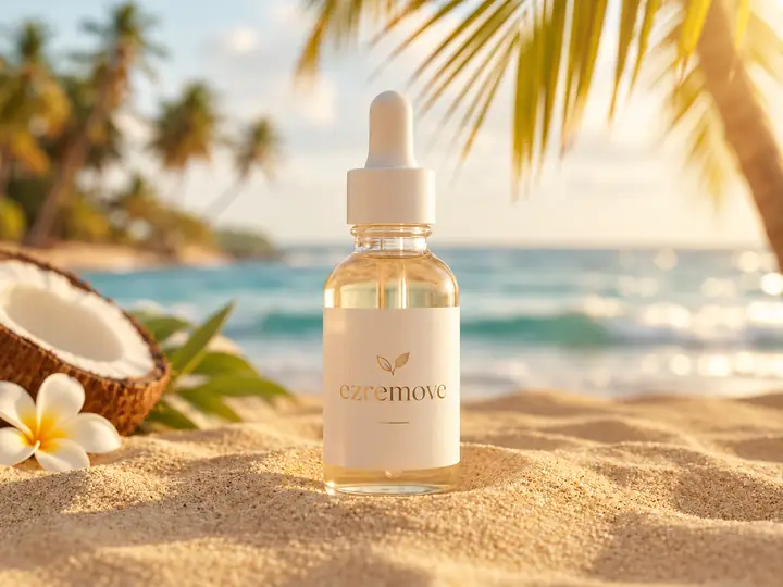Serumflasche, fotografiert im Sand neben einem tropischen Strand