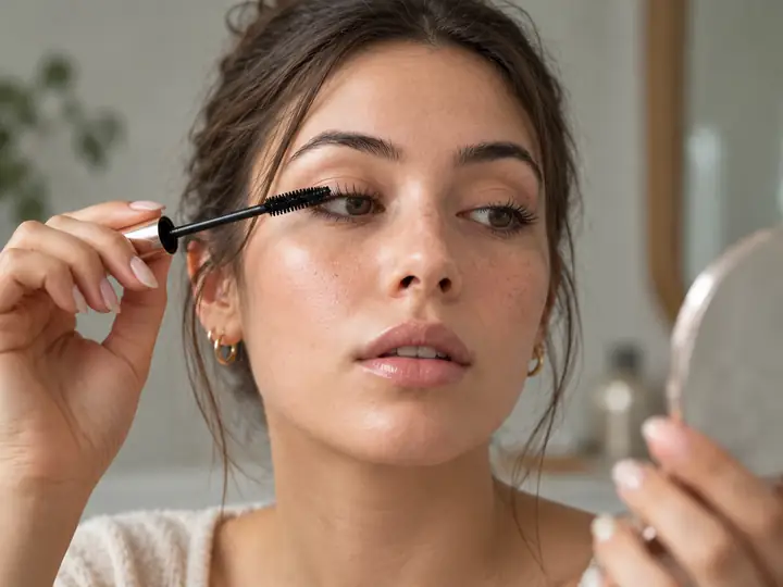 Frau, die auf dem Originalfoto Mascara aufträgt